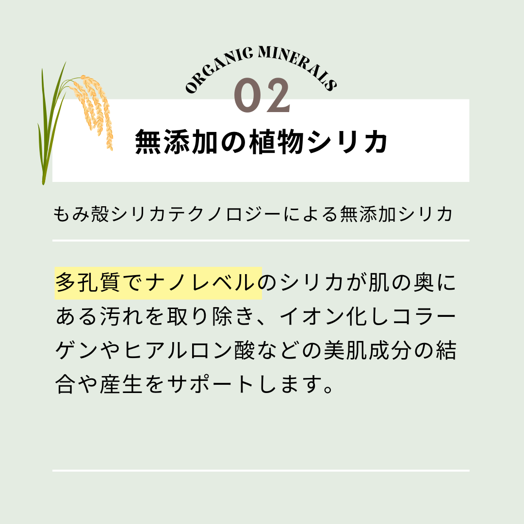 特別な技術で作られた無添加の植物シリカを配合。イオンかしてお肌に届きます。